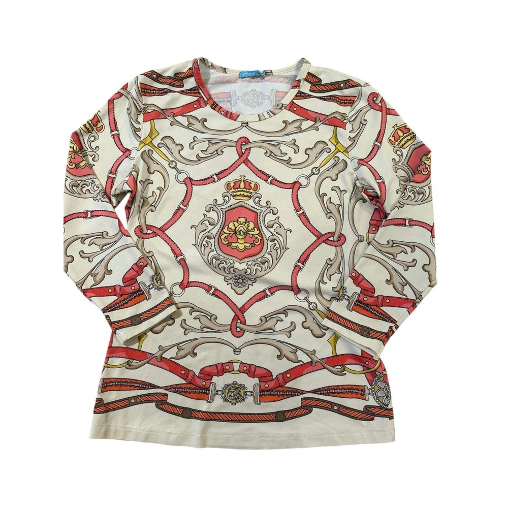 J.McLaughlin Equestrian Heraldic Crest Print Top Cream Red Gold XS Long Sleeve